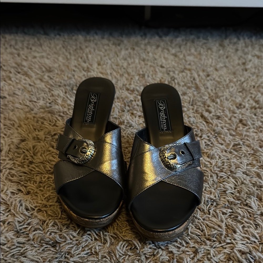 Brighton Summer Pewter Leather Cork Wedges